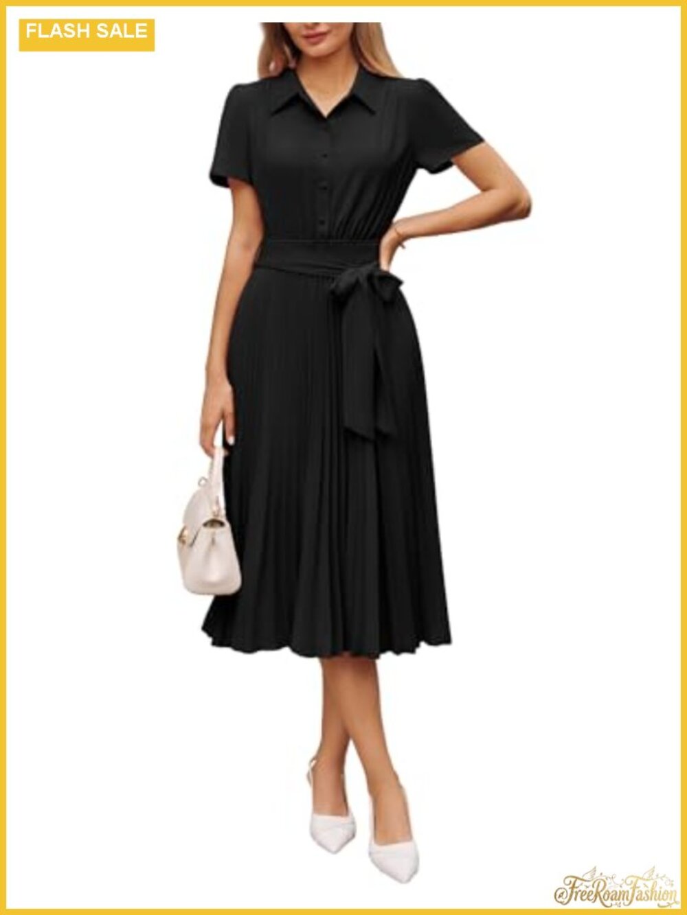 A-Line Pleated Midi Dress Short Sleeve Button Shirt Dress Belted Work Dress